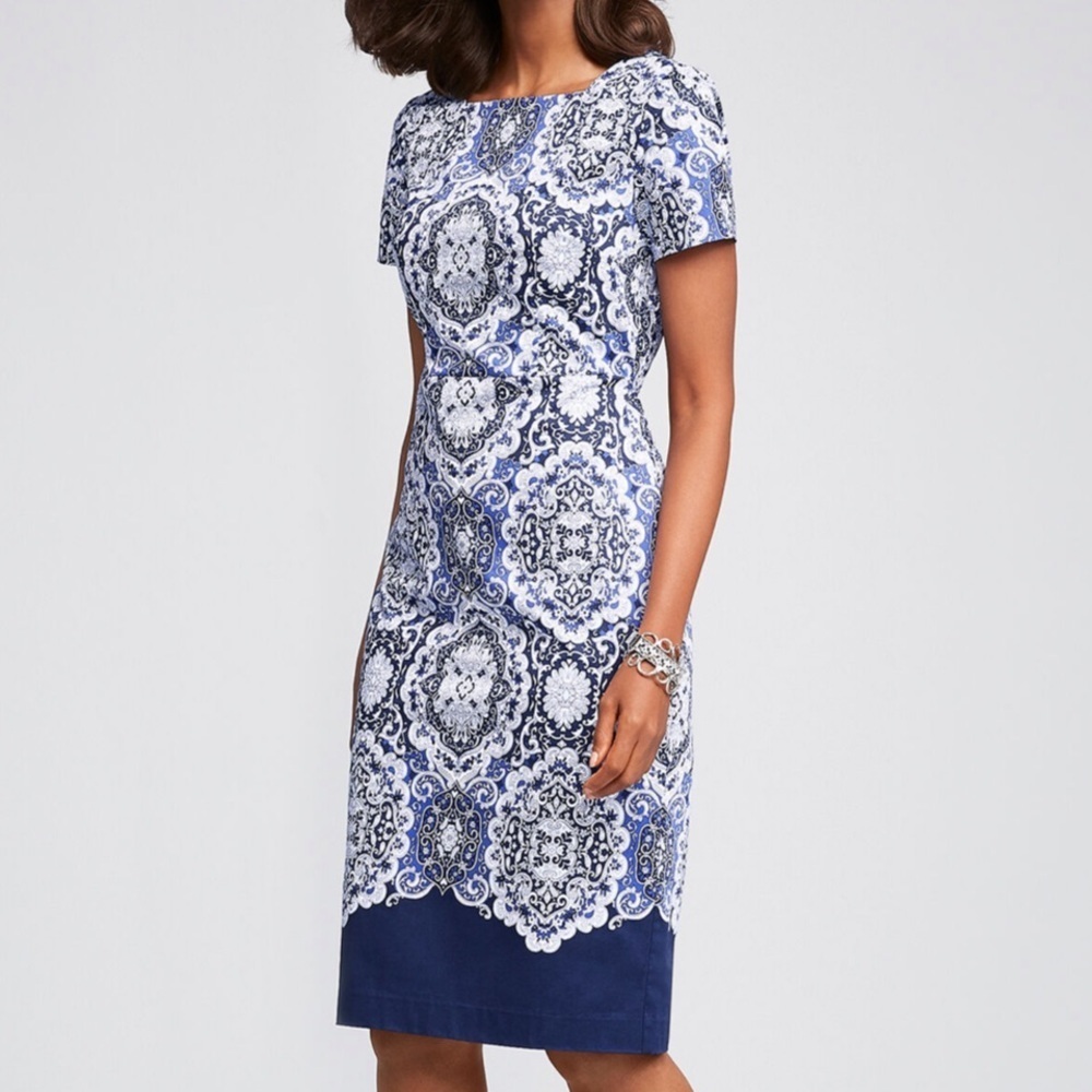 Talbots Navy and White Scalloped Medallion Sheath Dress